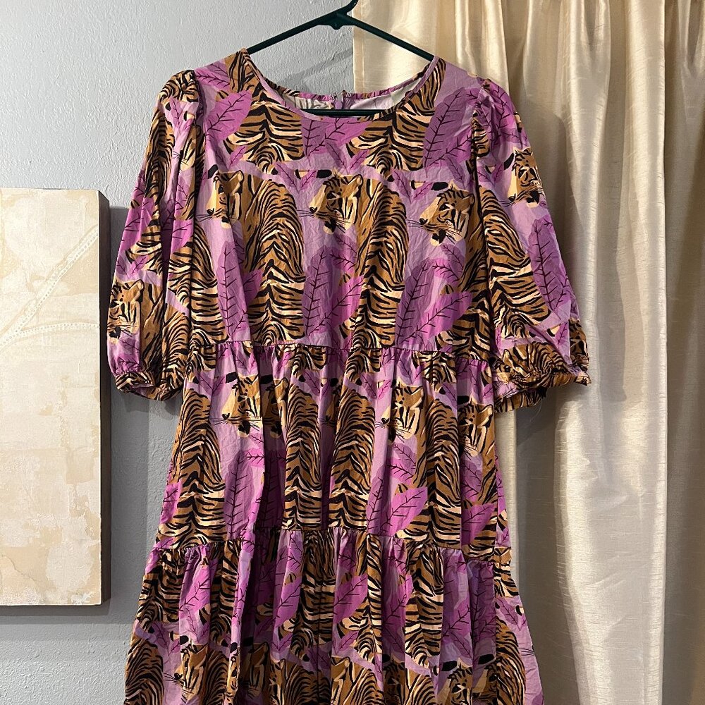 Farm Rio Tiger Leaves Dress Purple Mini Tiered Short Puff Sleeve Casual